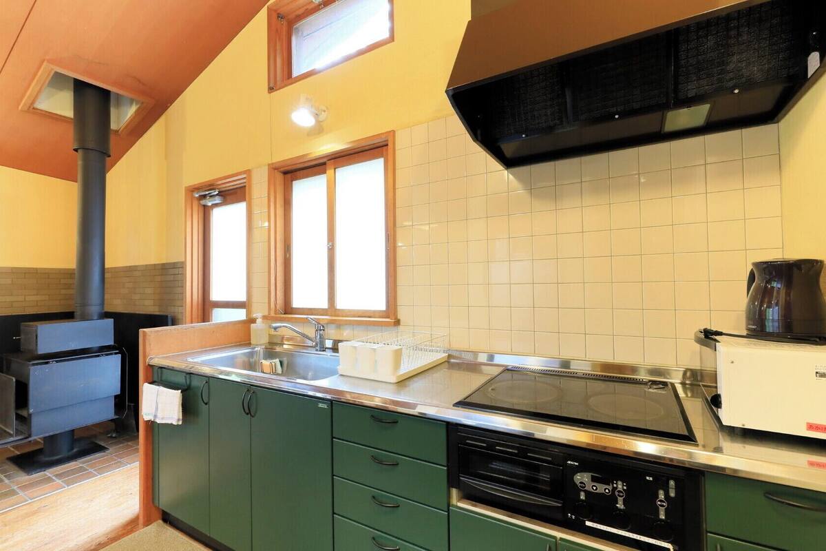Una cocina con gabinetes verdes, un lavamanos, una estufa y un tostador.