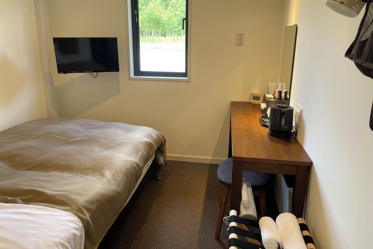 A hotel room with a bed, a desk with a coffee maker, a TV, a window, and a mirror.