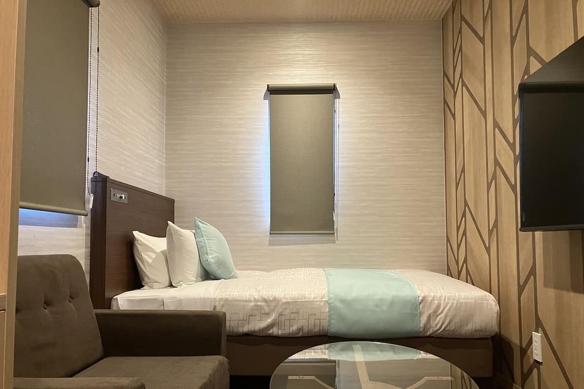 Une chambre d’hôtel de taille réduite, comprenant un lit, un canapé, une petite table et un téléviseur.