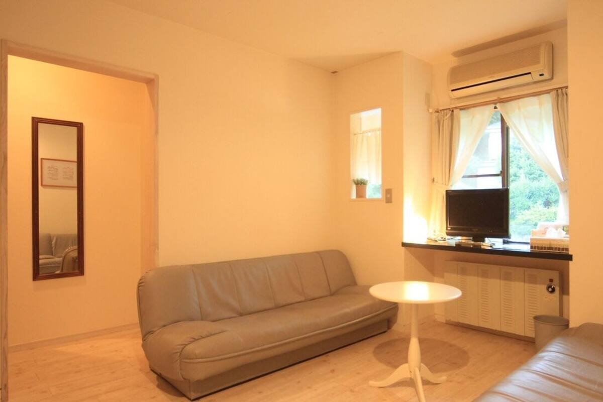 Une pièce comprenant un canapé, une petite table ronde, un téléviseur et un appareil de climatisation.