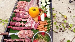 Une variété de viandes et de légumes en brochettes, présentés sur un plateau.