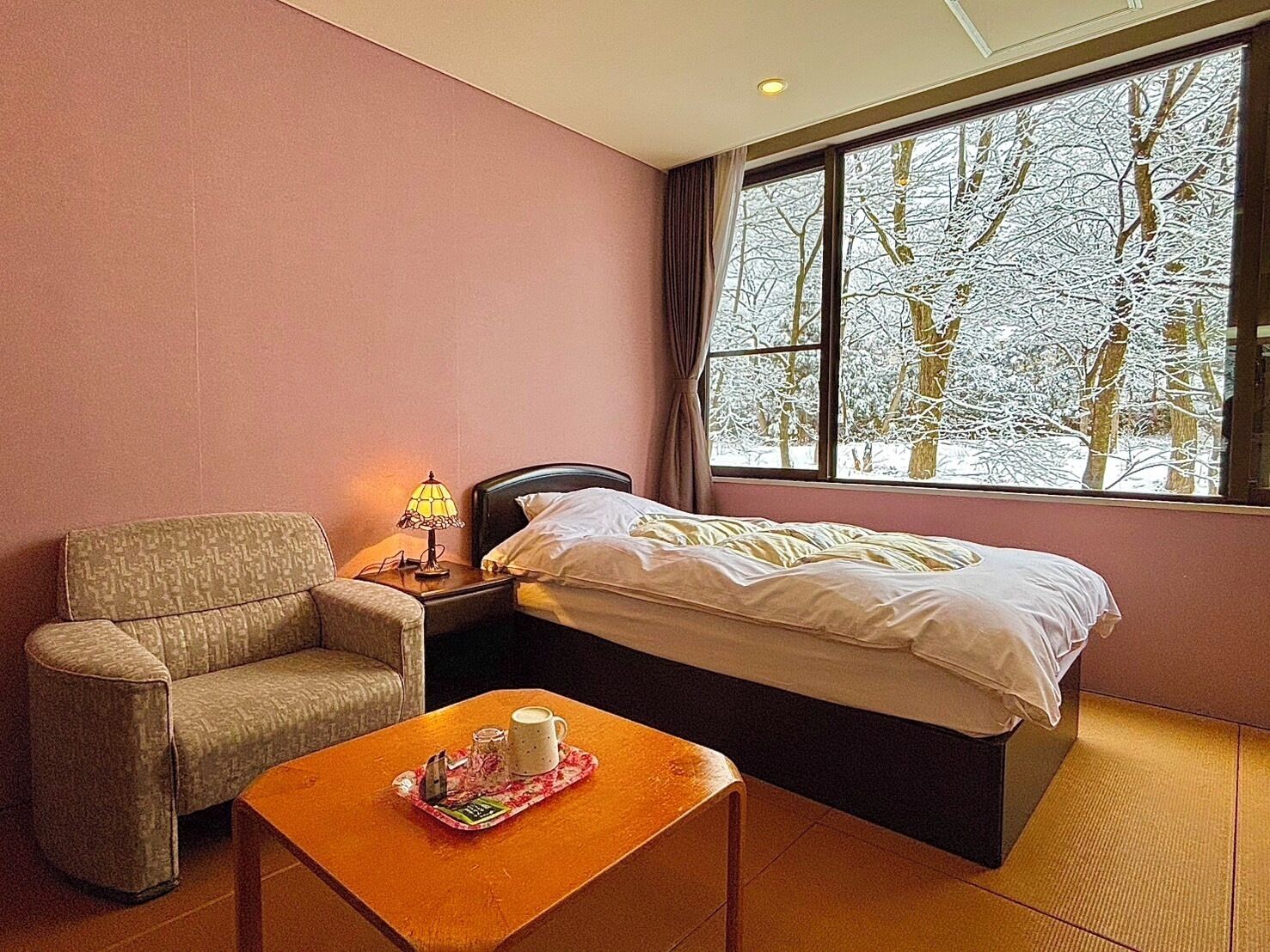 Una habitación de hotel con una cama, una silla, una mesita de noche con lámpara y una ventana con vistas a árboles cubiertos de nieve.