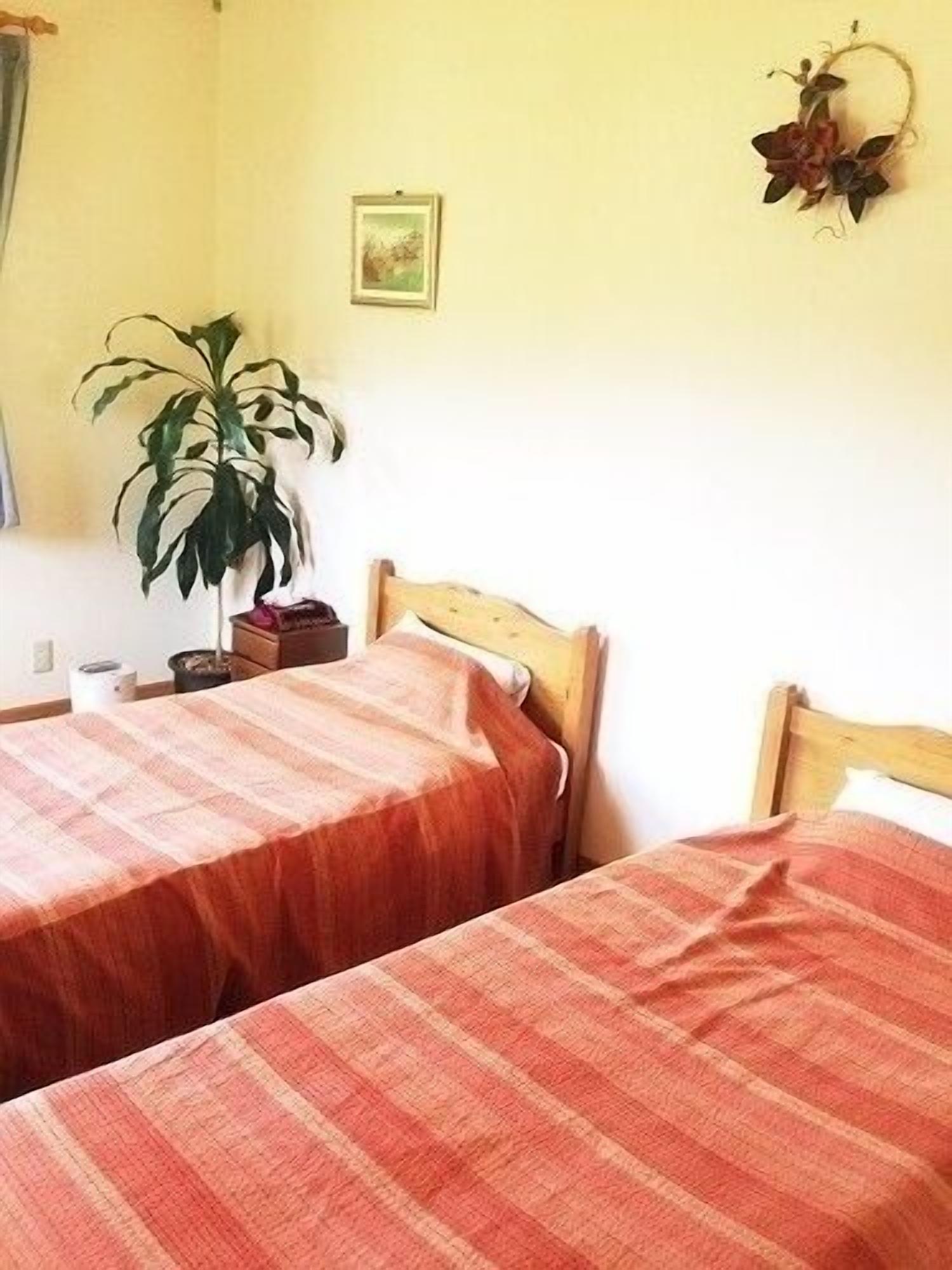 A room with two beds, a potted plant, a small table, and a picture on the wall.