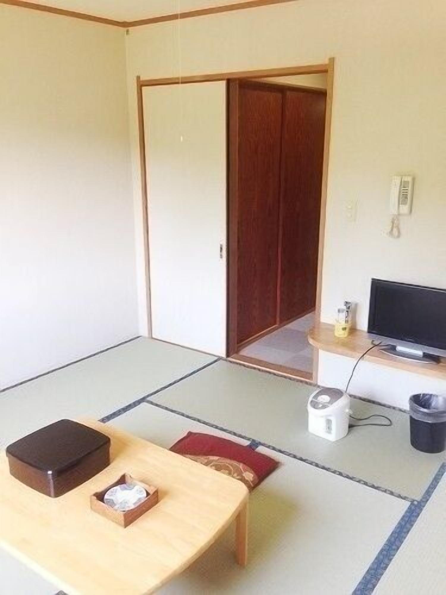 A room with tatami flooring, a sliding door, a television, a small table with a box and a container, and a trash bin.