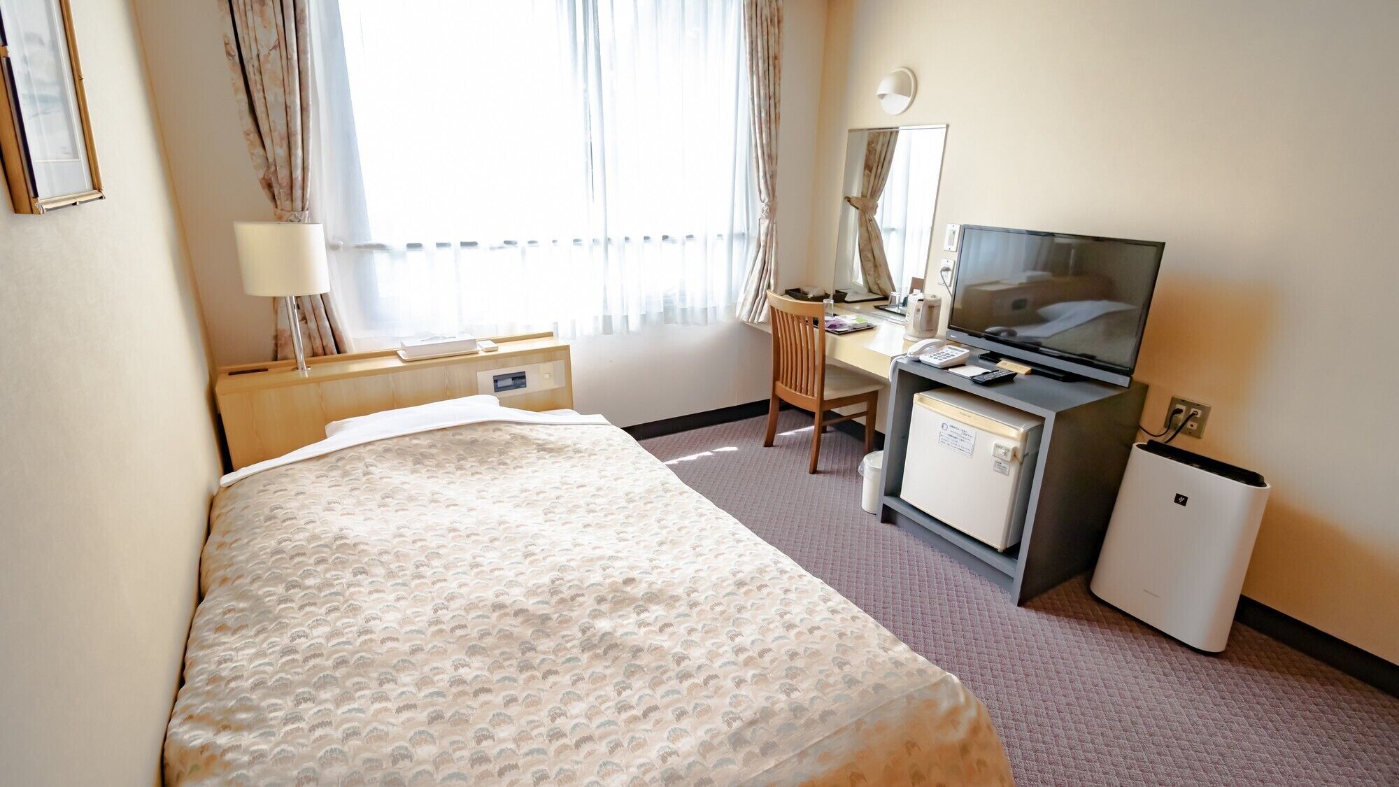 Habitación de hotel con cama, escritorio, silla, televisor y refrigerador pequeño.