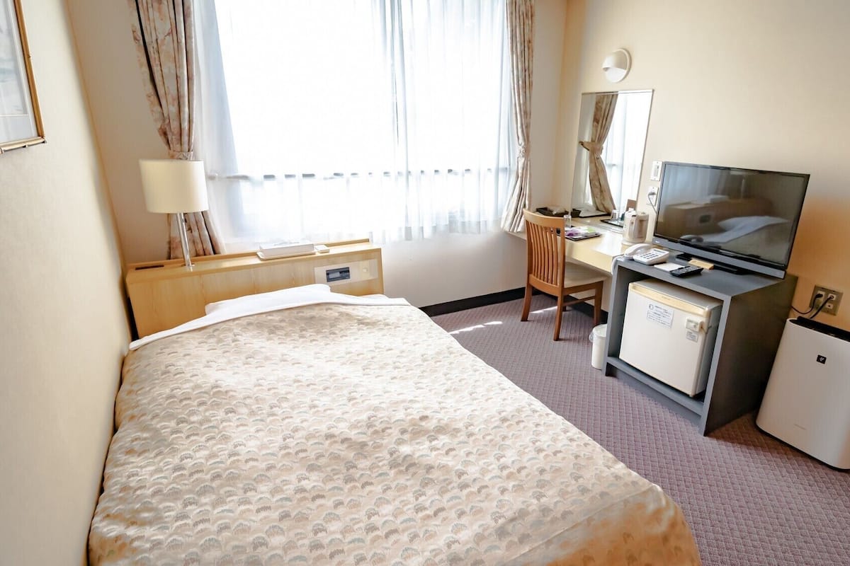 Habitación de hotel con cama, escritorio, silla, televisor y refrigerador pequeño.