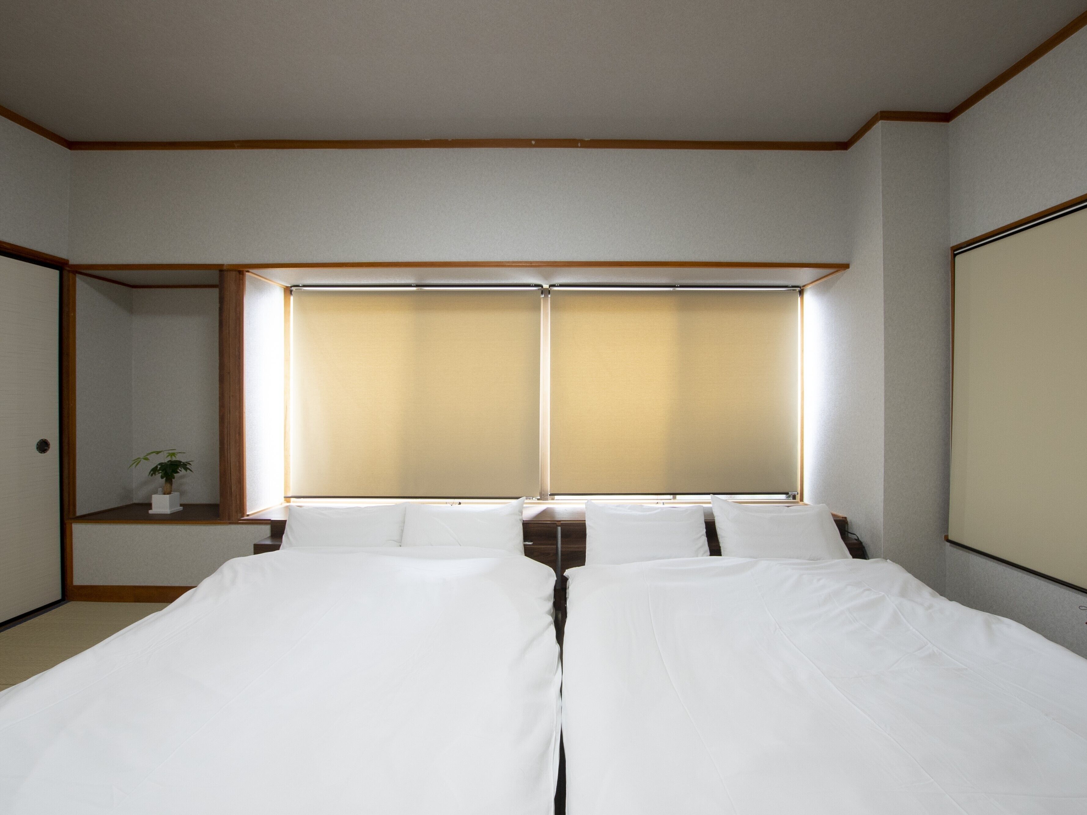 Habitación de hotel con dos camas, una ventana con persianas, una mesita de noche con una planta y un techo de madera.