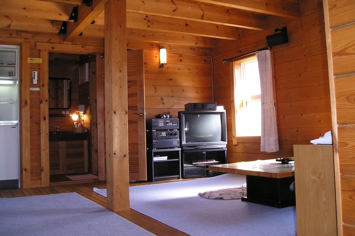 L'intérieur d'une cabane en bois comprend un coin cuisine, un téléviseur et un espace repas.