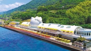 Un crucero con un exterior blanco característico y una gran estructura con forma de oso en la proa, rodeado de un paisaje verde exuberante y una masa de agua.