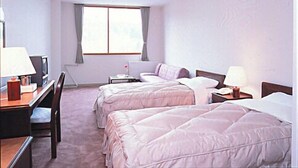 Hotelkamer met twee bedden, een bureau, een stoel, een televisie, een raam en een plafondlamp.