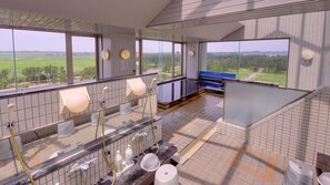 A modern bathroom with multiple sinks, a large window, and a view of a green landscape. - Shirakami Tenbo Onsen Hotel Sunrural Ogata (Ogata)