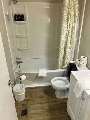 Une salle de bain avec une baignoire, des toilettes et un rideau de douche.