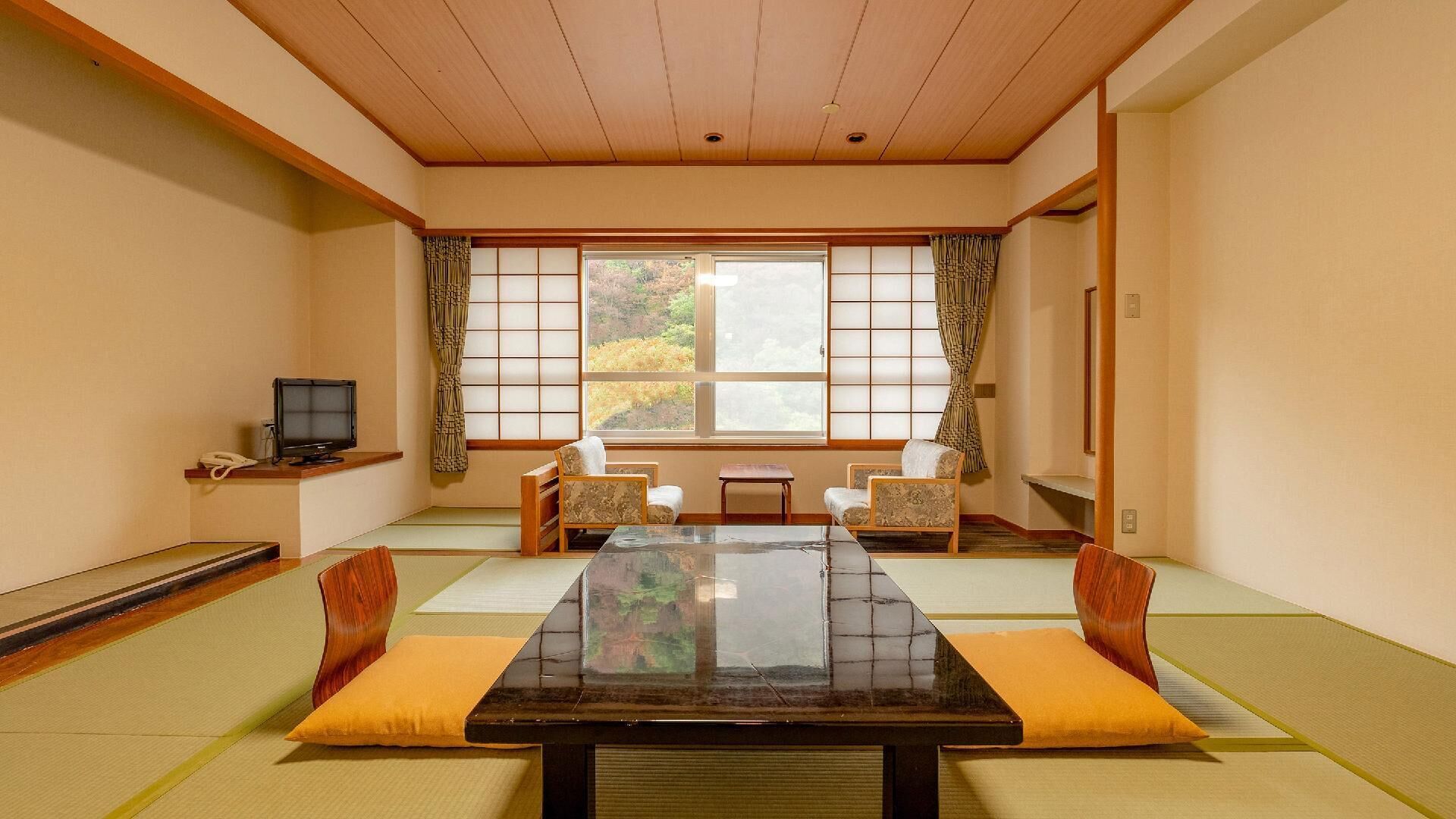 A traditional Japanese room with tatami flooring, a low table, two chairs, a television, and a window with a view of trees.
