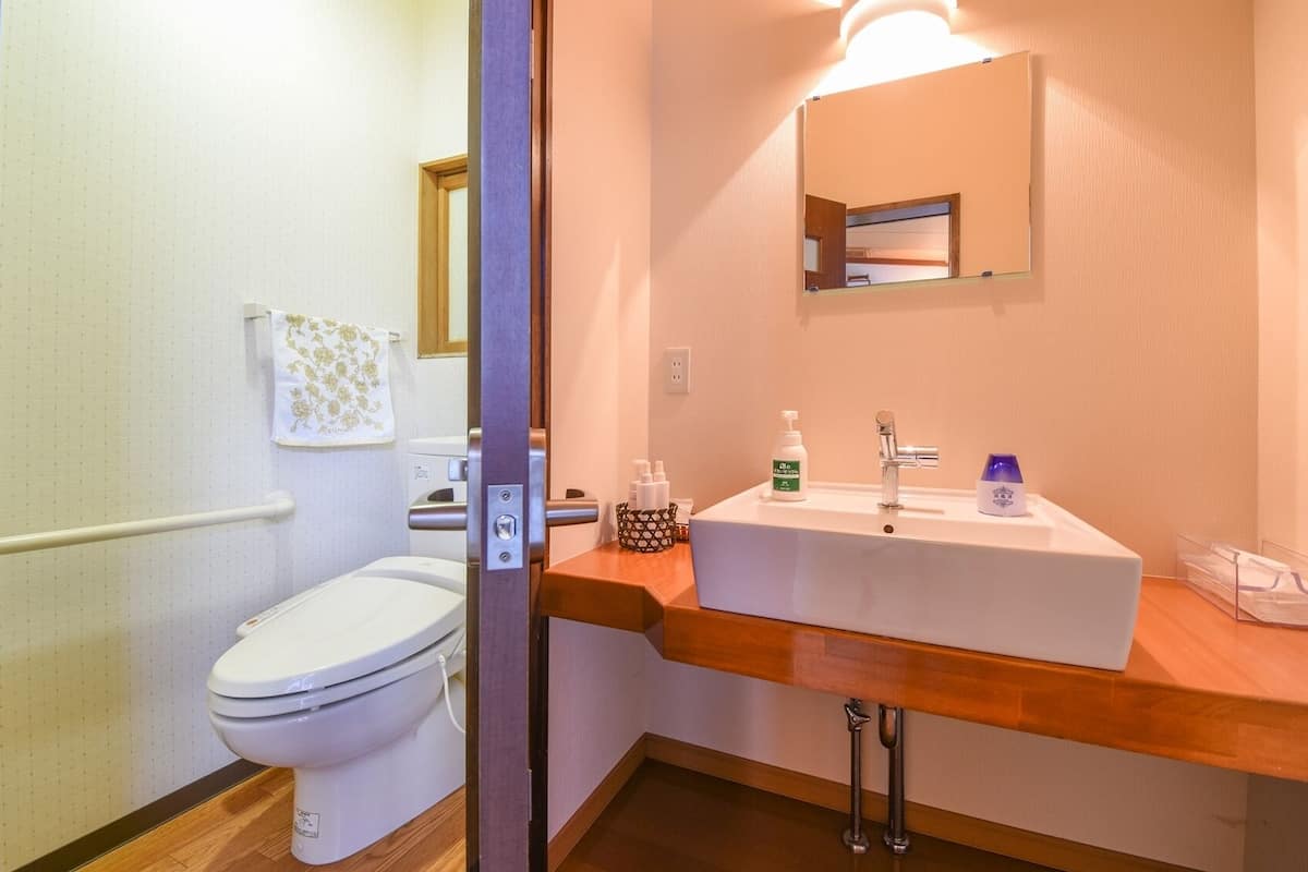 A bathroom with a toilet, sink, and mirror.