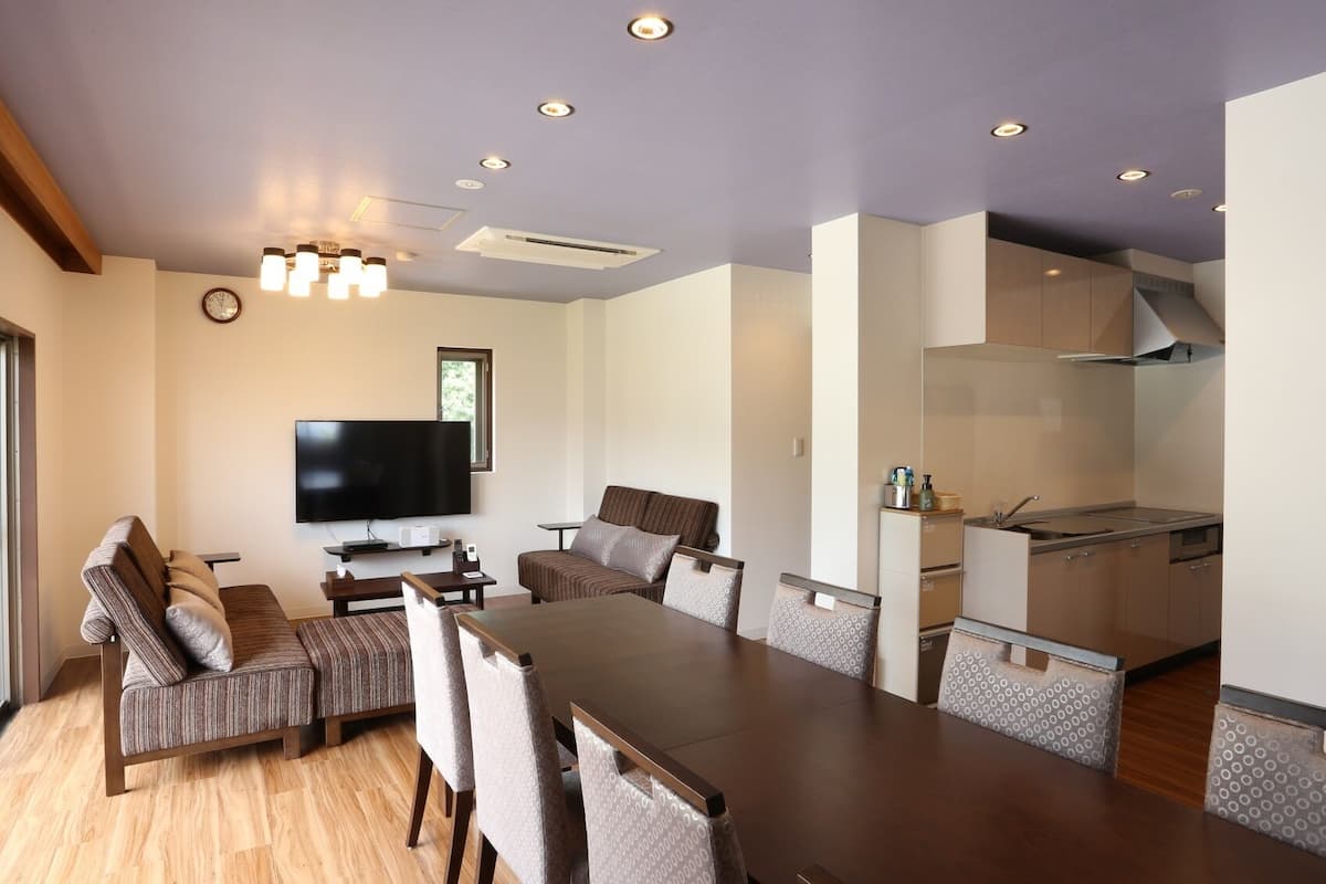 A modern living room with a flat-screen TV, a dining table, and a kitchen area with cabinets and a sink.
