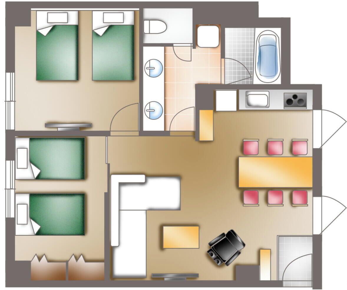 Distribució d'una habitació d'hotel amb bany, zona de menjador i saló.