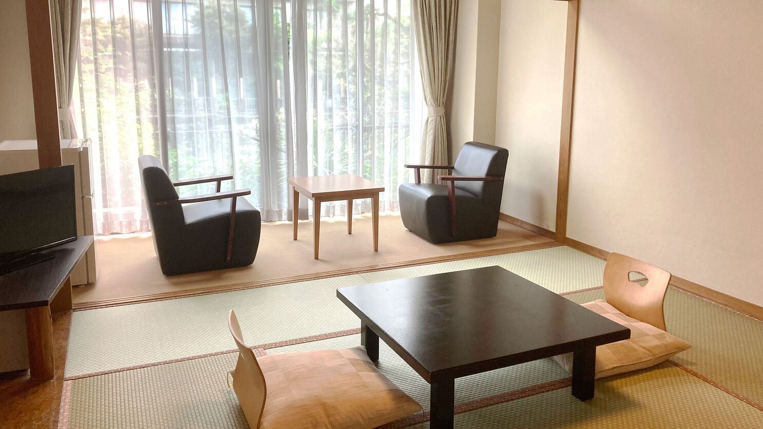 A room with tatami mats, a television, two chairs, a small table, and a view through sheer curtains.