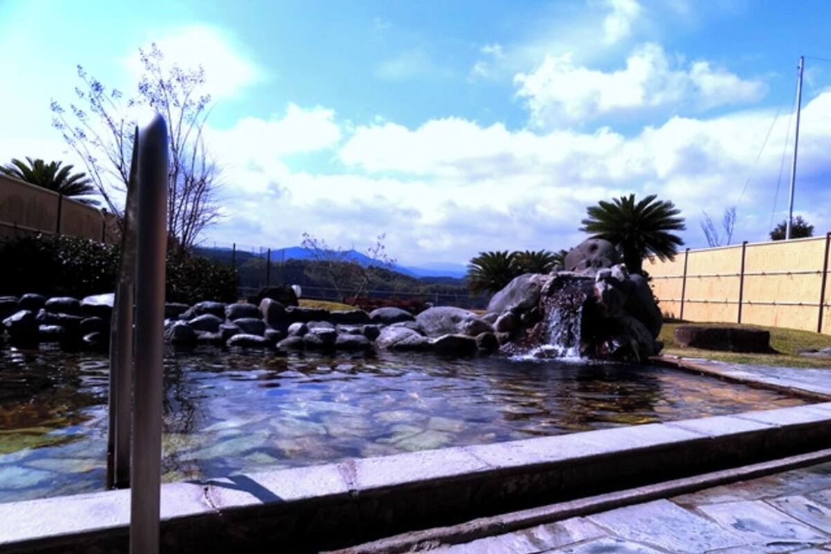 A stone-tiled pool with a waterfall feature, surrounded by rocks and palm trees.