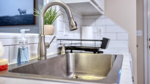 A stainless steel kitchen sink with a modern faucet, a soap dispenser, and a potted plant. - Near the Hospital and Dining - Sunrise Knoll Stay (Columbus)