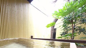 Una piscina interior pequeña con una pared de bambú y un árbol al fondo.