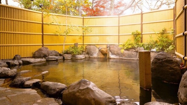A traditional Japanese onsen with a wooden fence, rocks, and a small pond.