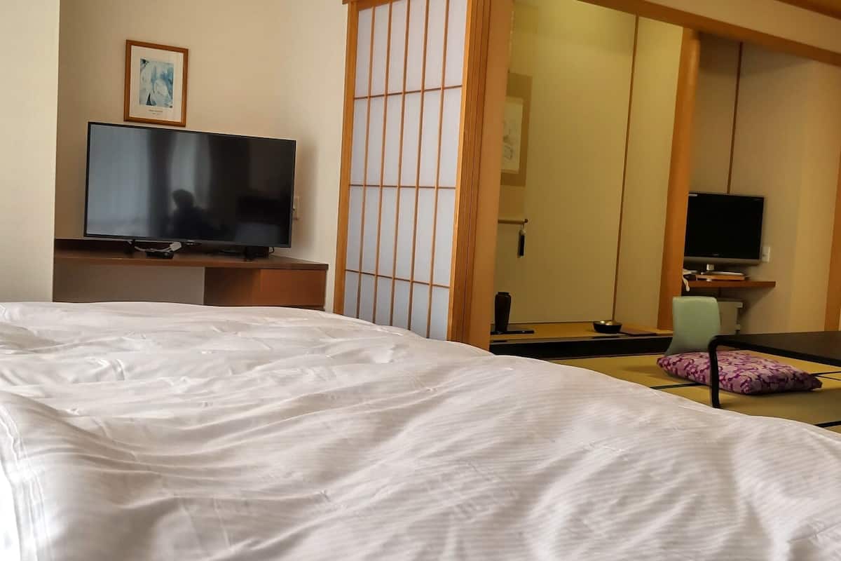 A hotel room with a bed, a television on a stand, a chair, and a mirror.