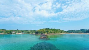 A coastal landscape with clear turquoise water, a sandy beach, and a forested hill in the background.