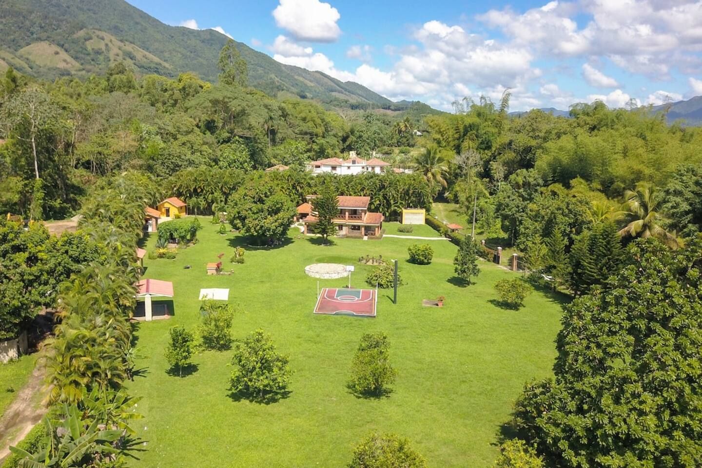 Un barrio residencial con varias casas, un césped cuidado y una cancha de baloncesto.