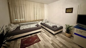 A small, modern room with two single beds, a radiator, a television, and a potted plant.