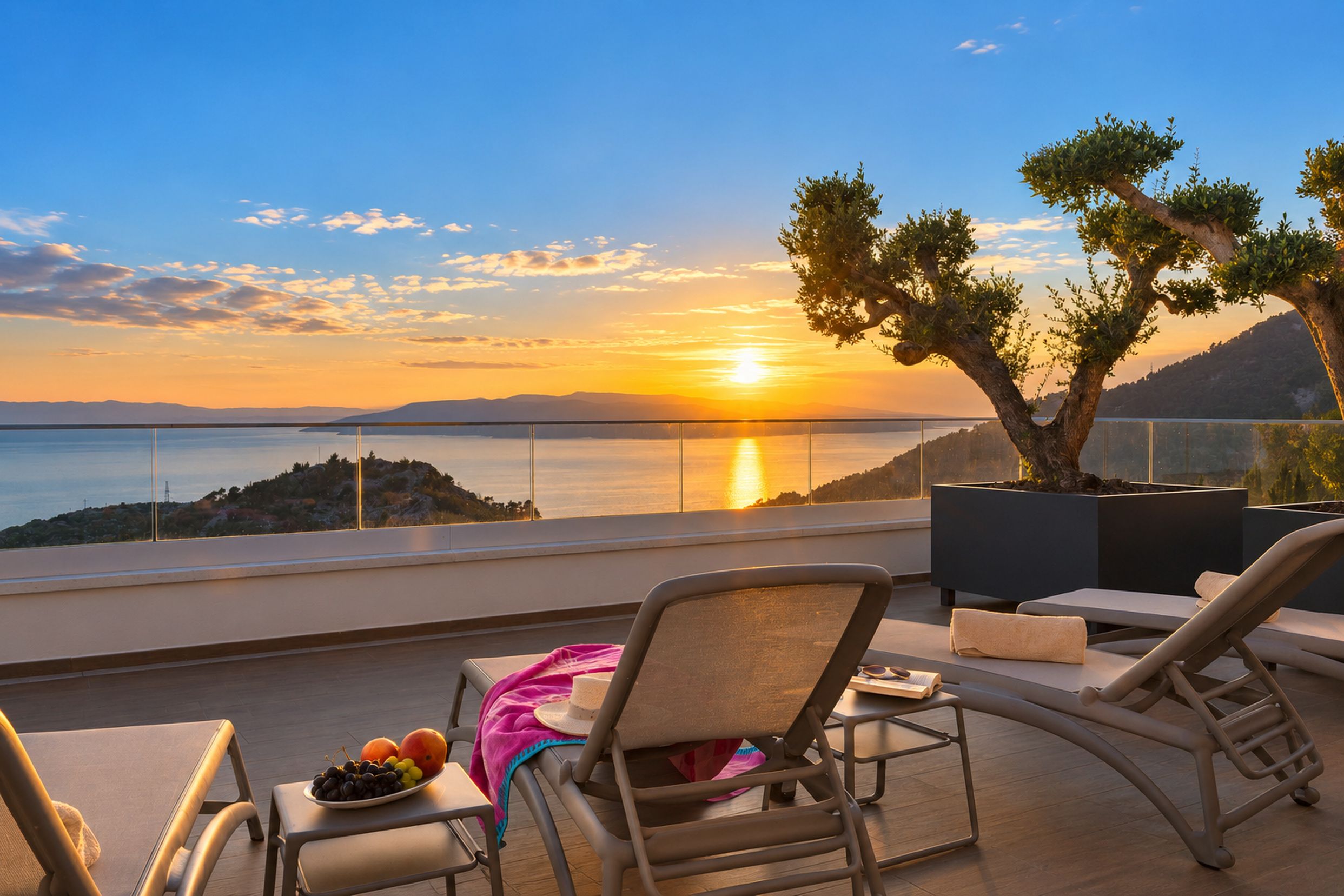 Een balkon met uitzicht op de zonsondergang over de zee, een tafel met fruit en een hoed, en een potplant.