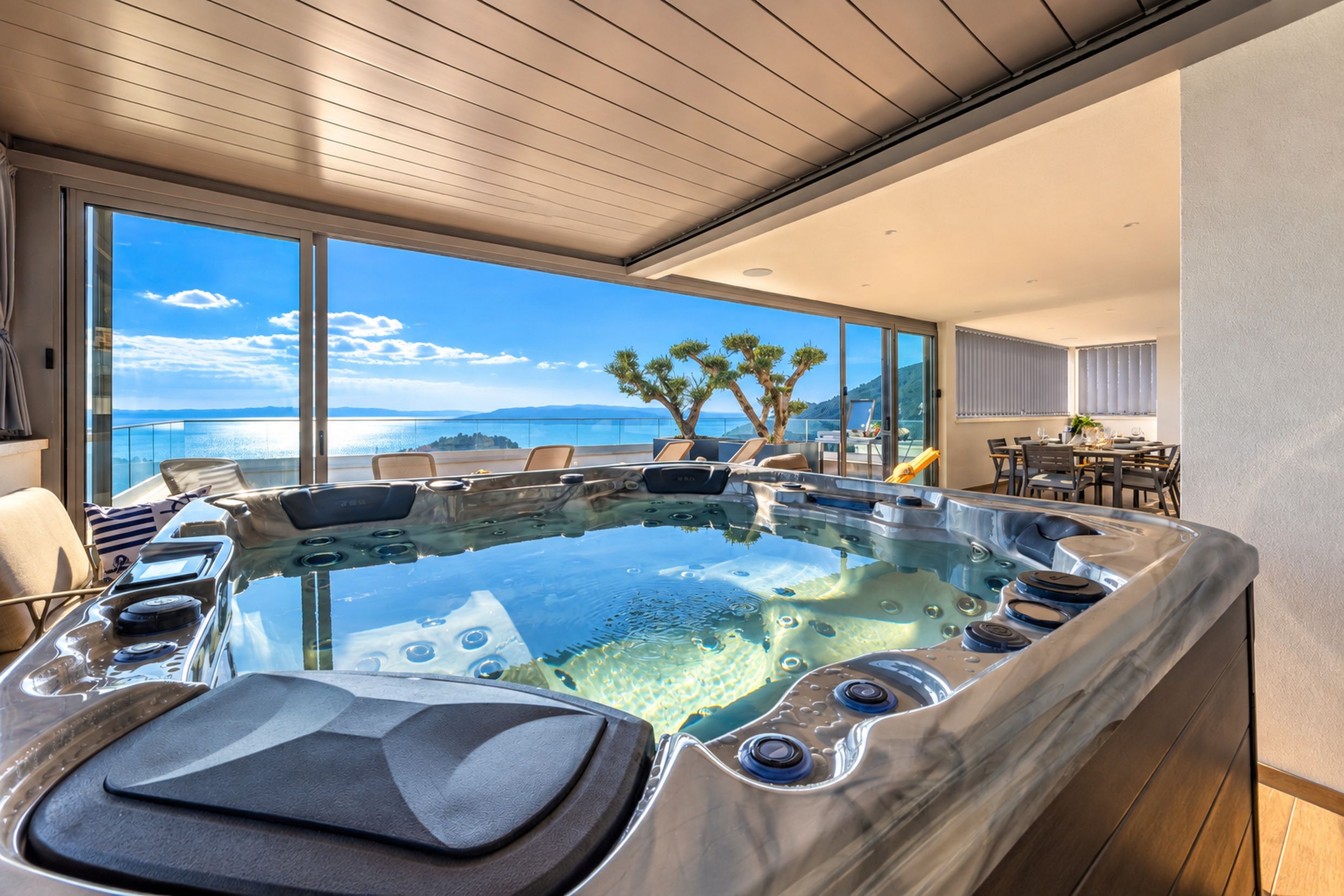 Ein modernes Whirlpool mit freiem Blick auf das Meer und die Berge.
