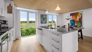 A modern kitchen with a large island, stainless steel appliances, and a view of the outdoors. - 4 Star Holiday Home in Lokken (Lokken)