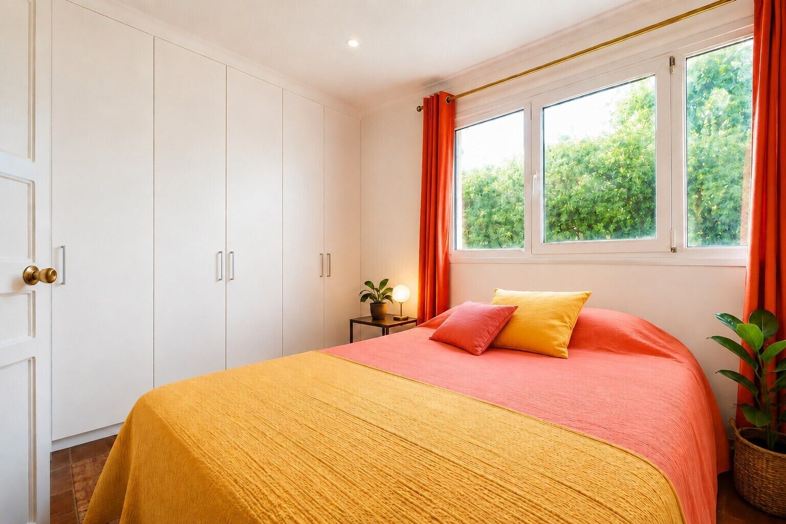 Une chambre à coucher avec un lit, une table de chevet avec une lampe, une fenêtre avec des rideaux et une porte avec une poignée.