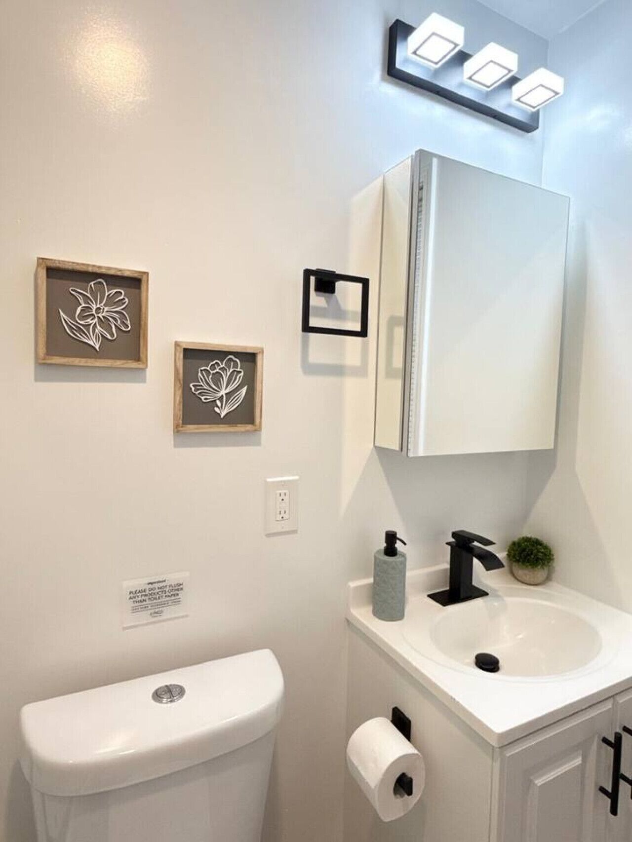 A bathroom with a toilet, sink, and mirror. There are two framed floral decorations on the wall.