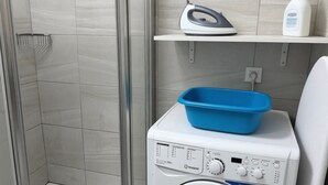Un espace buanderie comprenant un lave-linge, un évier bleu, un fer à repasser et une bouteille de lessive posée sur une étagère.