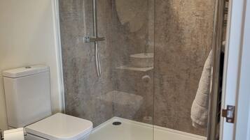 A modern bathroom with a glass-enclosed shower, a toilet, and a towel rack.