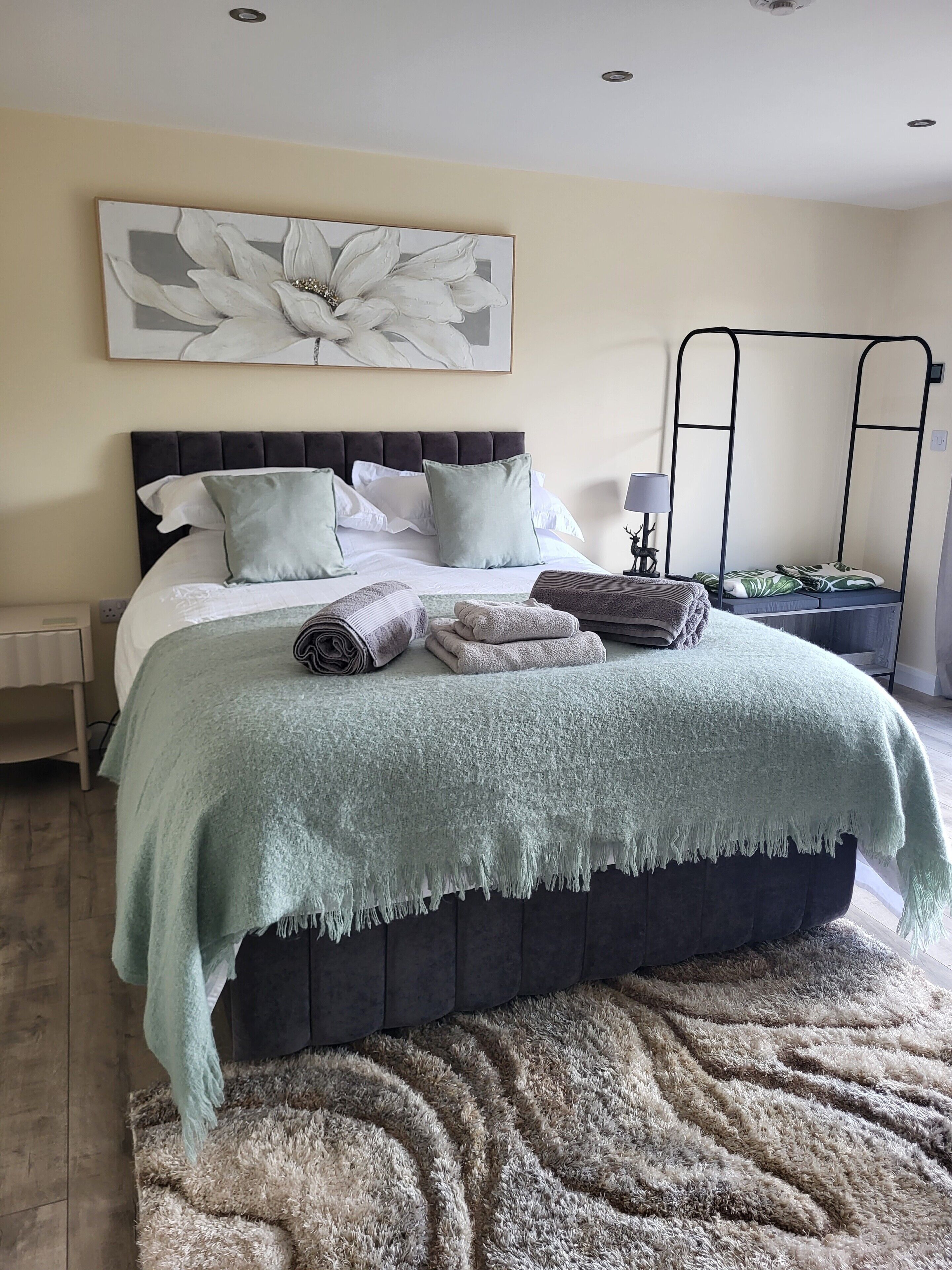 A bedroom with a bed, a nightstand, a lamp, a wall art piece, and a ceiling light fixture.