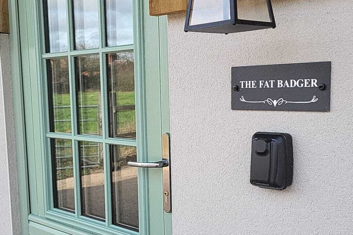 Una puerta verde con una ventana, una lámpara fijada a la pared y un letrero que dice 'THE FAT BADGER'.