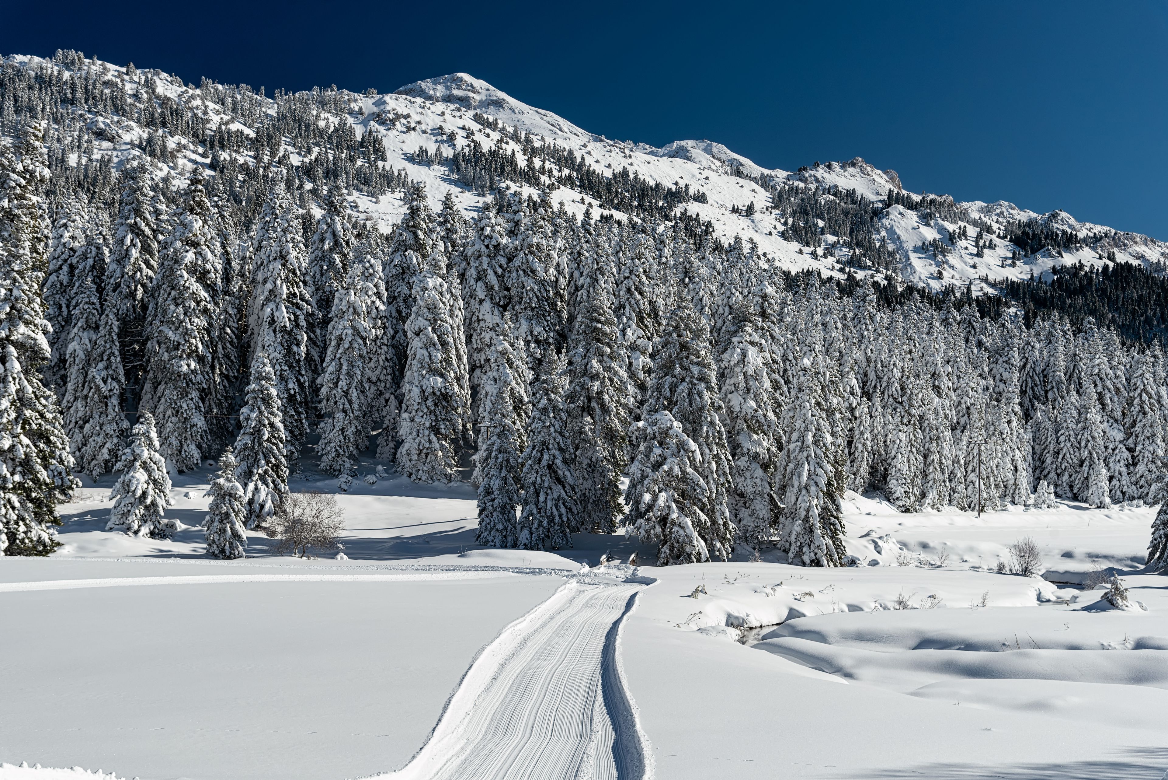 A snowy mountain landscape with a clear sky.