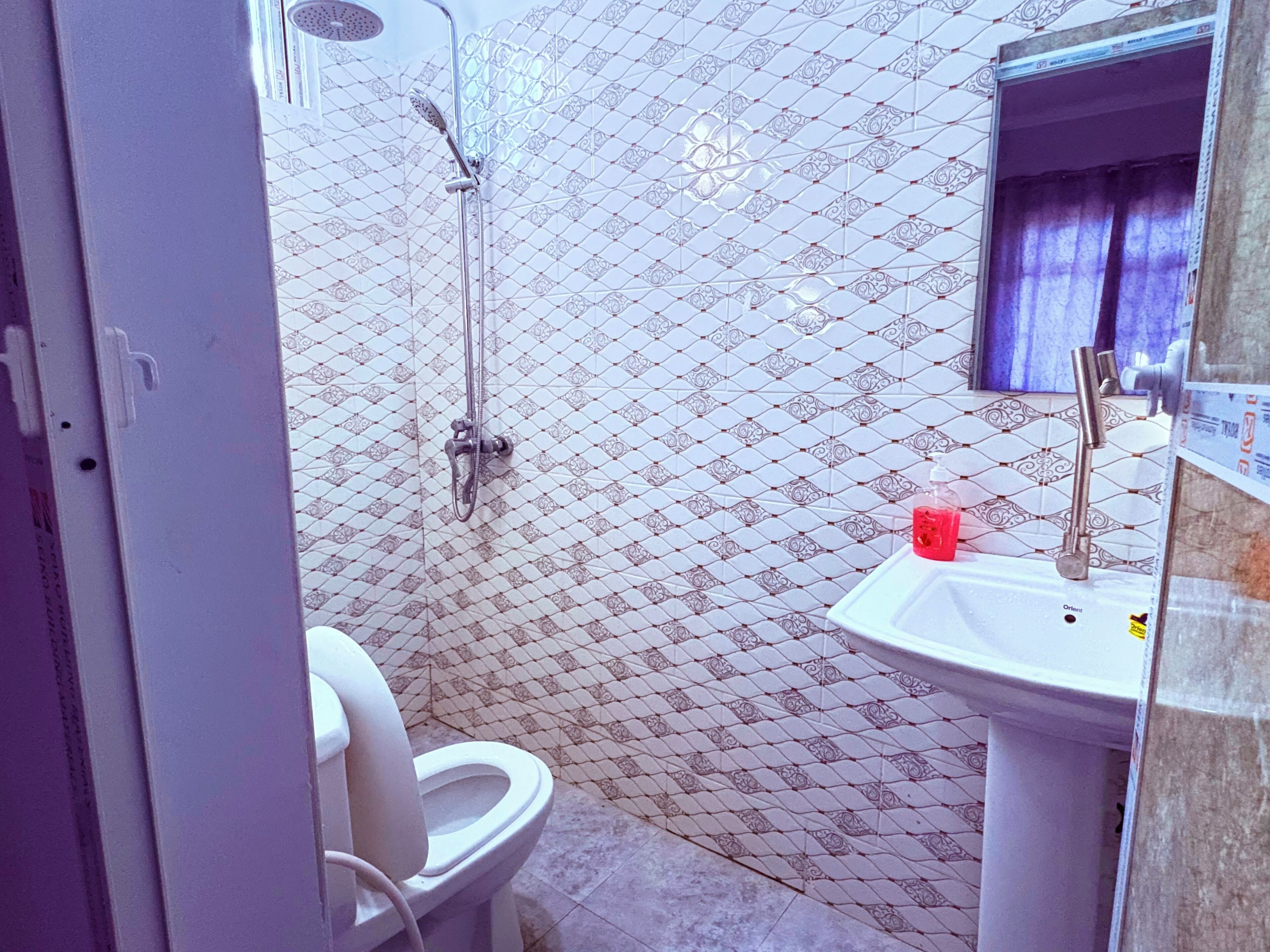 A bathroom with a shower, toilet, and sink.