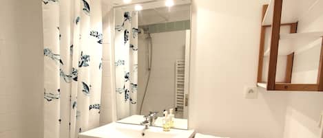 Secadora de cabello, toallas, jabón, papel de baño