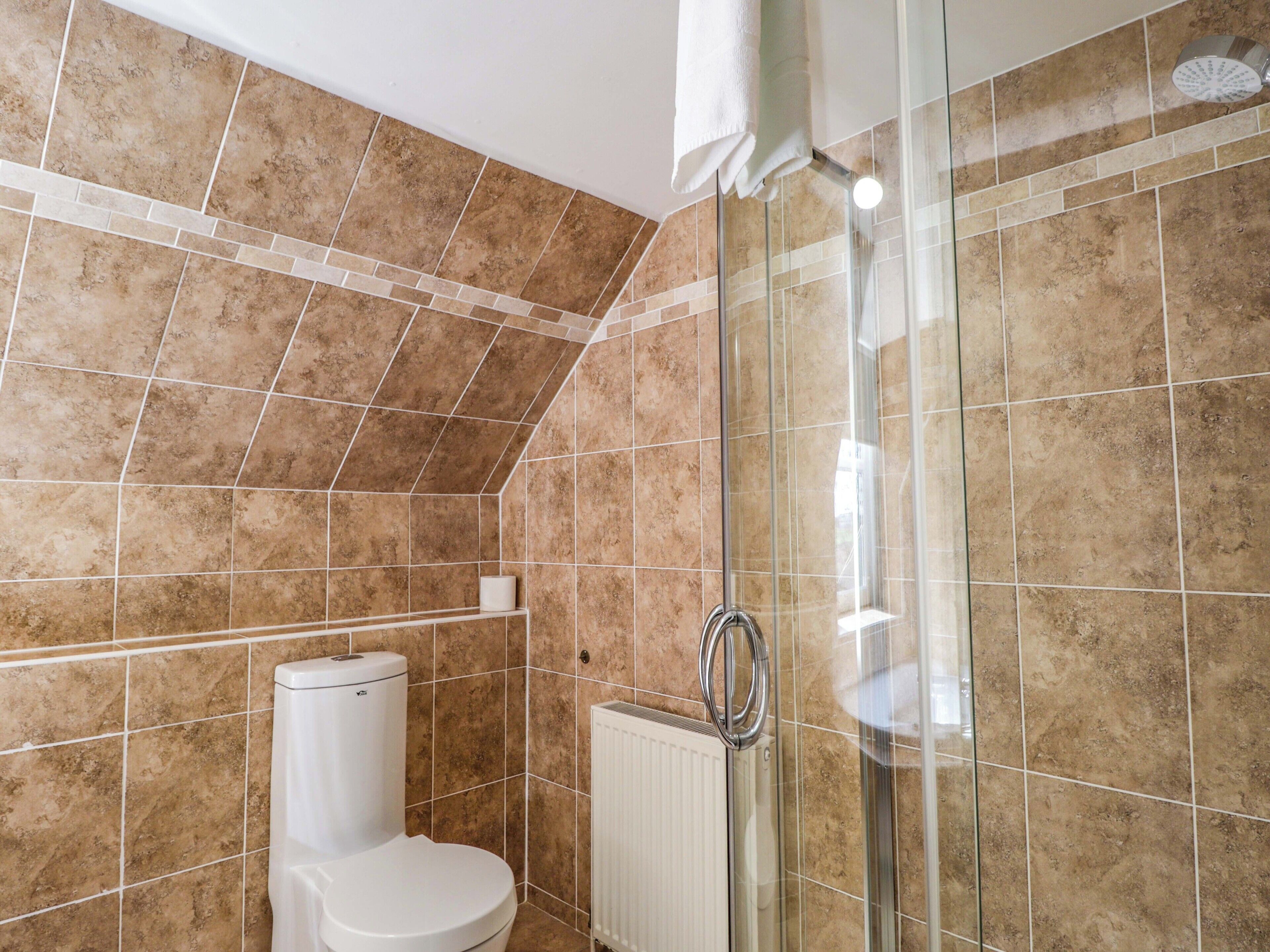 Une salle de bain avec une douche à parois de verre, des toilettes blanches et un radiateur blanc.