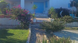 Een modern huis met twee verdiepingen, met een blauwe deur, een schotelantenne en een kleine tuin met roze bloemen.