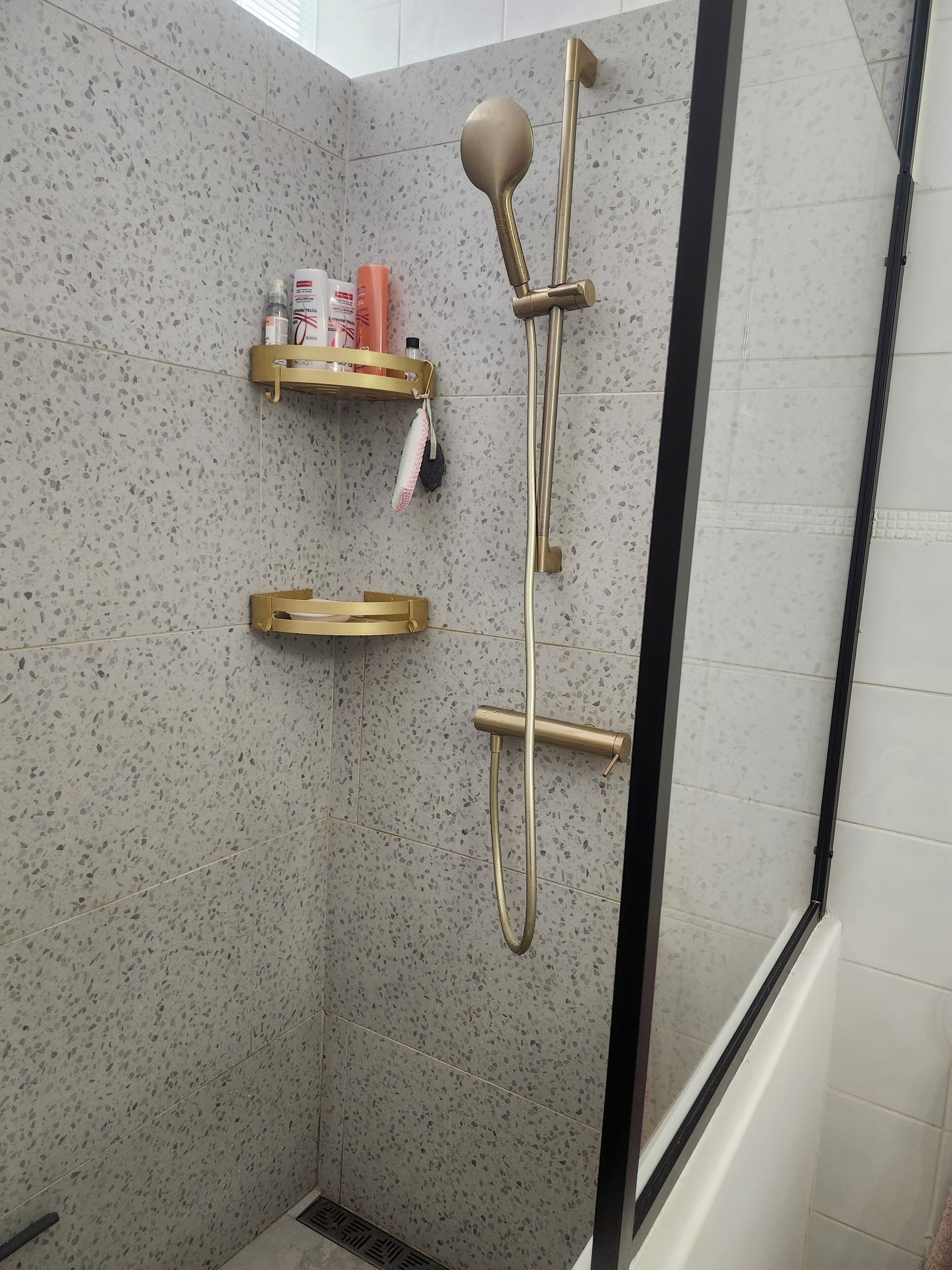 Shower, hair dryer, towels, toilet paper