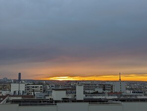 A cityscape with buildings and a prominent tower against a sunset sky. - Charming studio with breathtaking view of the Eiffel Tower (Paris)