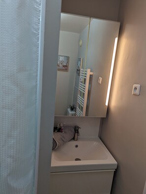 A bathroom with a white sink, a mirror, a towel, and a shower curtain. - Charming studio with breathtaking view of the Eiffel Tower (Paris)