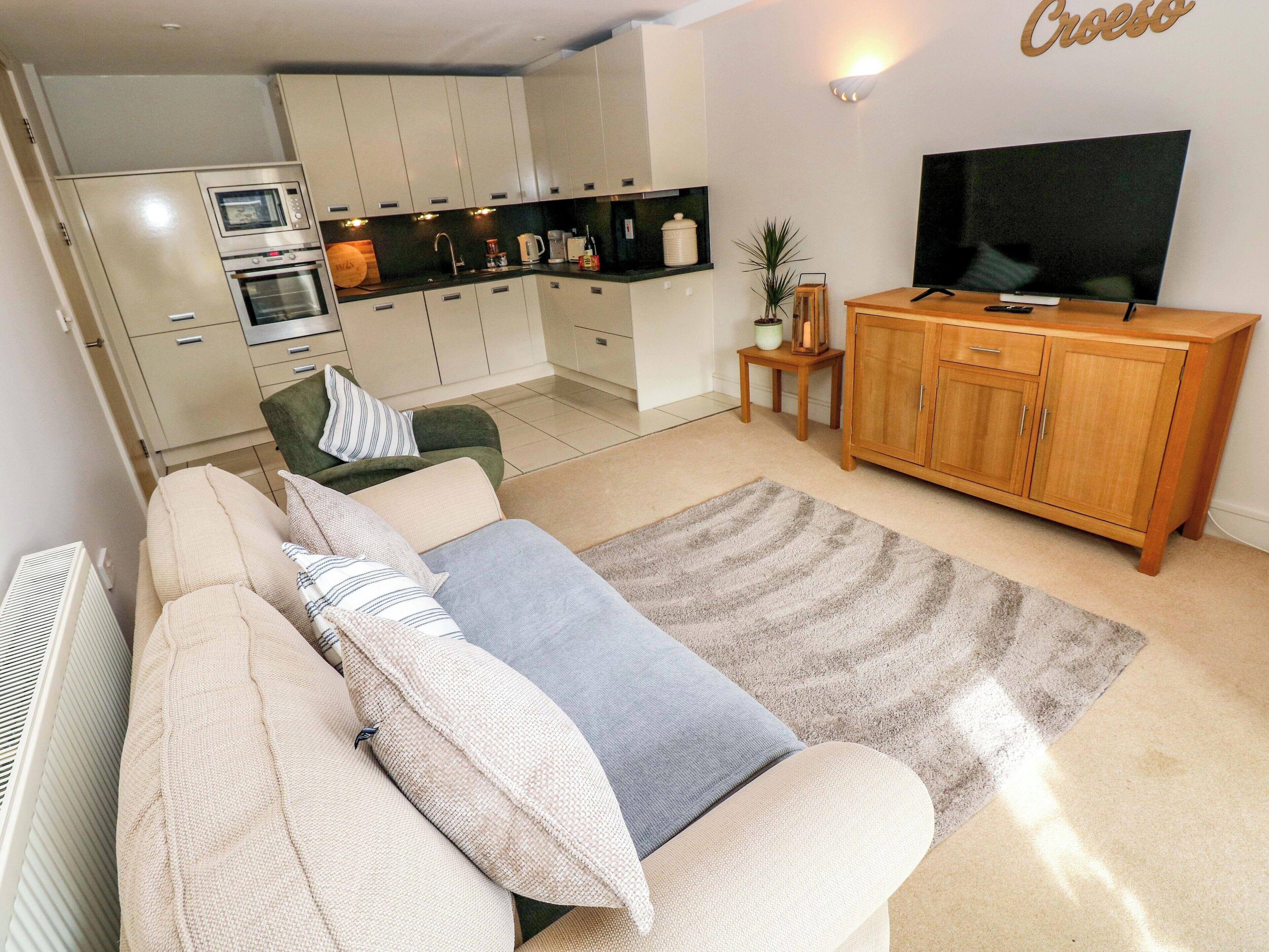 A modern living room with a sofa, a television, a wooden cabinet, and a kitchen area with appliances.