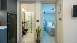 A modern kitchen with a refrigerator, a potted plant, and a glass shower enclosure. - Ozen Suite, Ozen Suite & Villa Crete (Agios Nikolaos Crete)