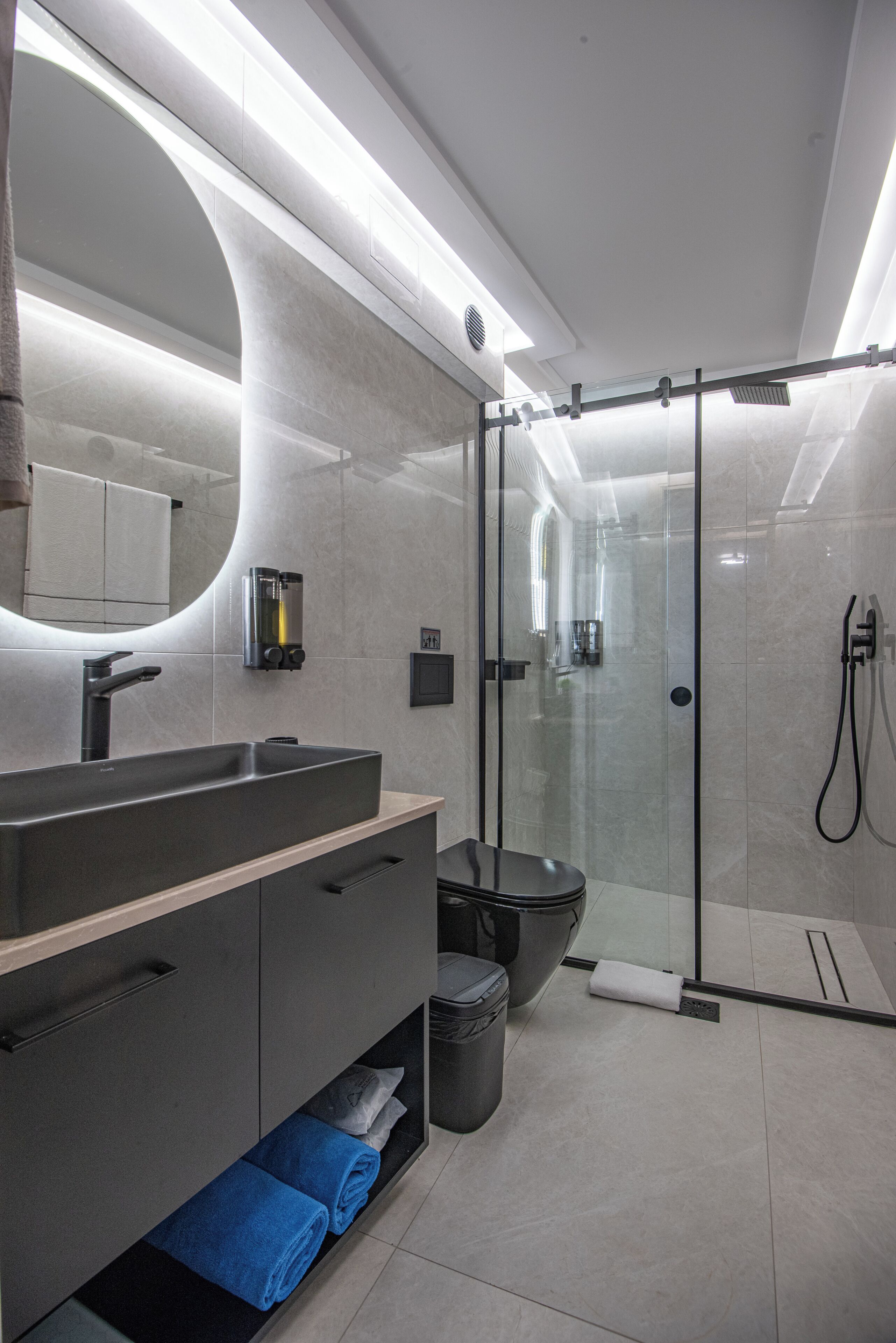 Shower, hair dryer, towels