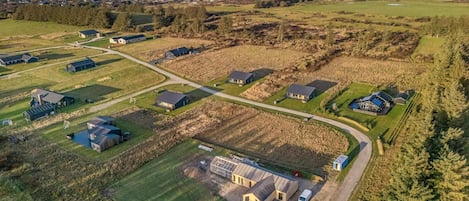 An aerial view of a residential area with houses, a large building, and a road leading to the sea.